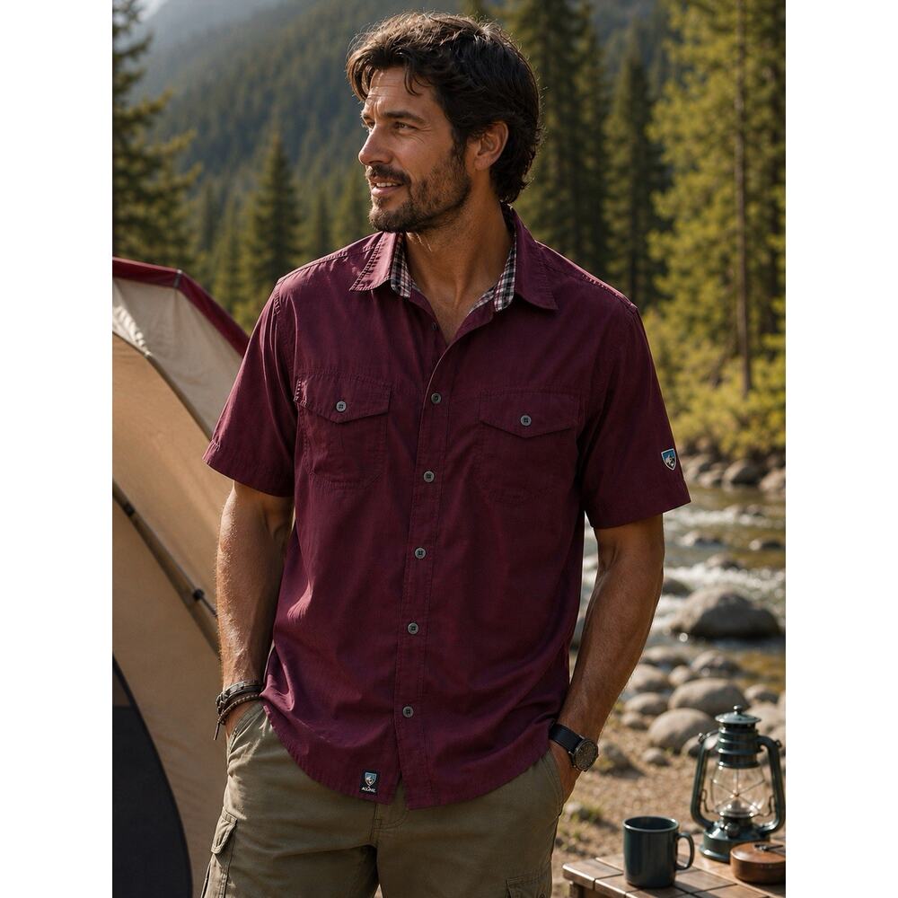 Kuhl Eluxur Men's Short Sleeve Metal Button Front Burgundy Polyester Shirt Sz XL